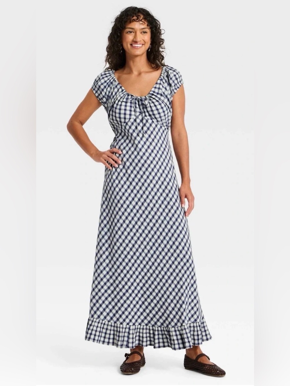 Universal Thread Blue and White Gingham Maxi Dress with Tie Front
